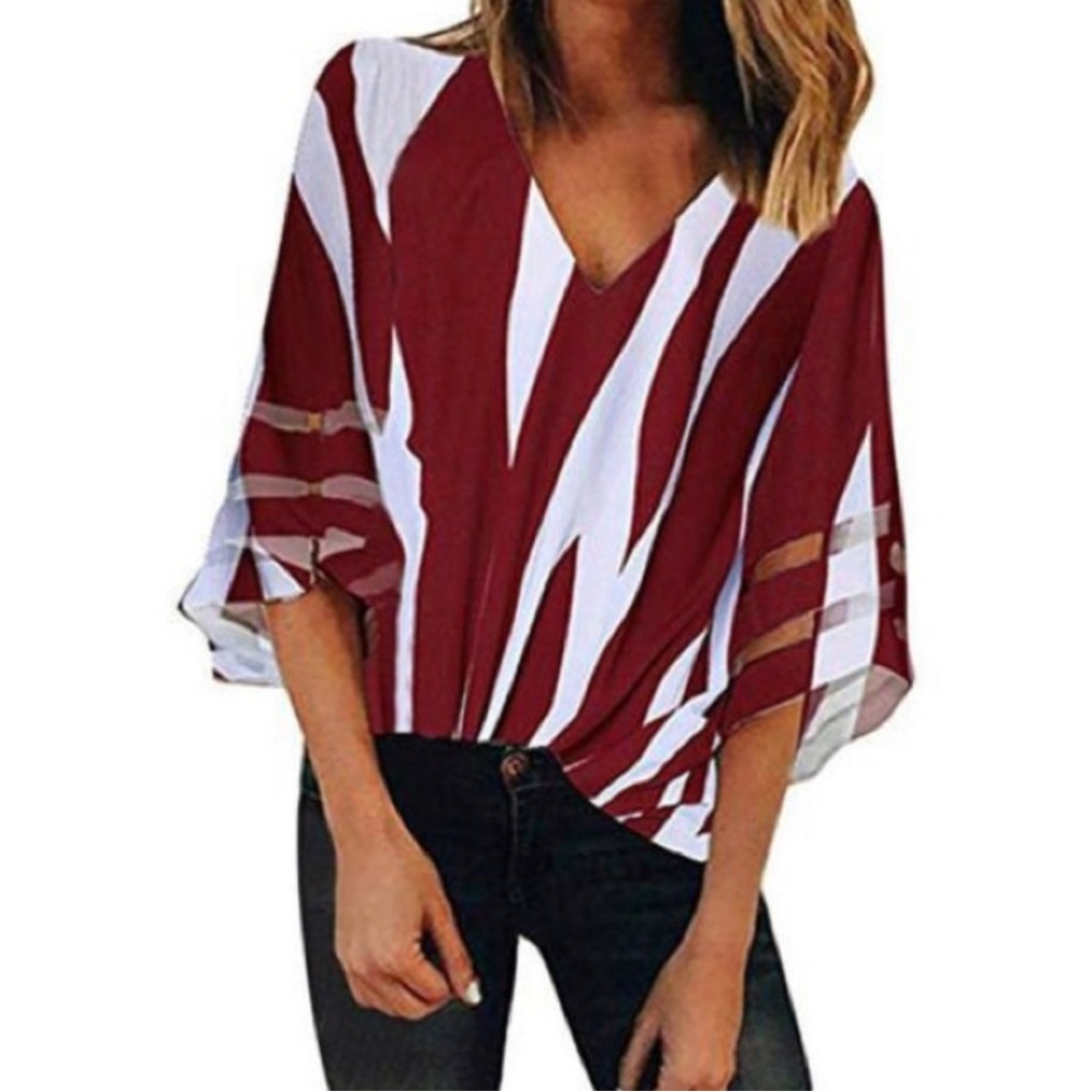 Boho Short Sleeve Sheer Chiffon Blouse Ladies Top